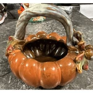 Tii Collections Ceramic Pumpkin Fall Basket Autumn Leaves Acorns